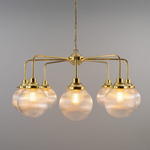 Genoa Chandelier with Eight Light Prismatic Glass Bowls Four to Six Arm Pendants Great Lighting UK Ltd