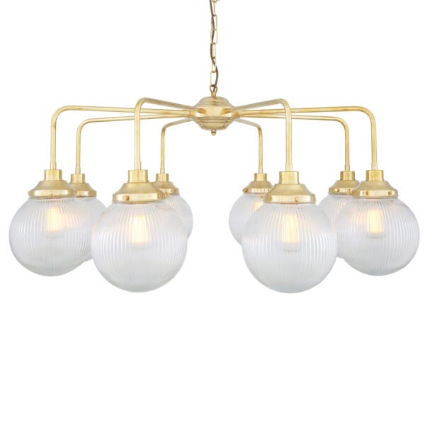 Genoa Chandelier with Eight Light Prismatic Glass Bowls Four to Six Arm Pendants Great Lighting UK Ltd