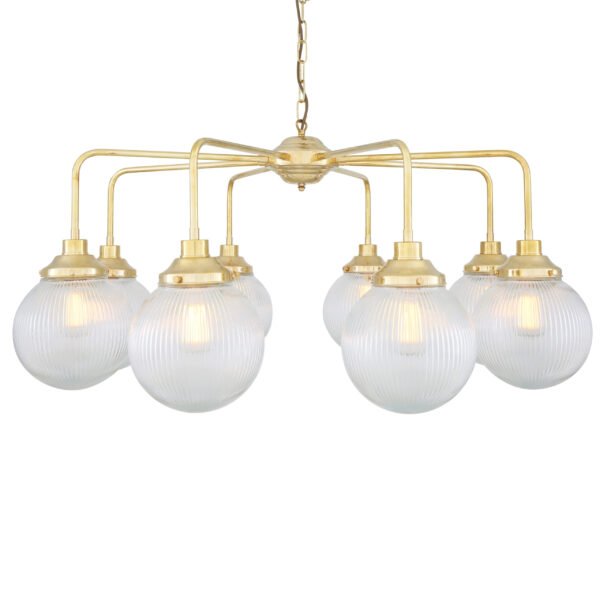 Genoa Chandelier with Eight Light Prismatic Glass Bowls Four to Six Arm Pendants Great Lighting UK Ltd